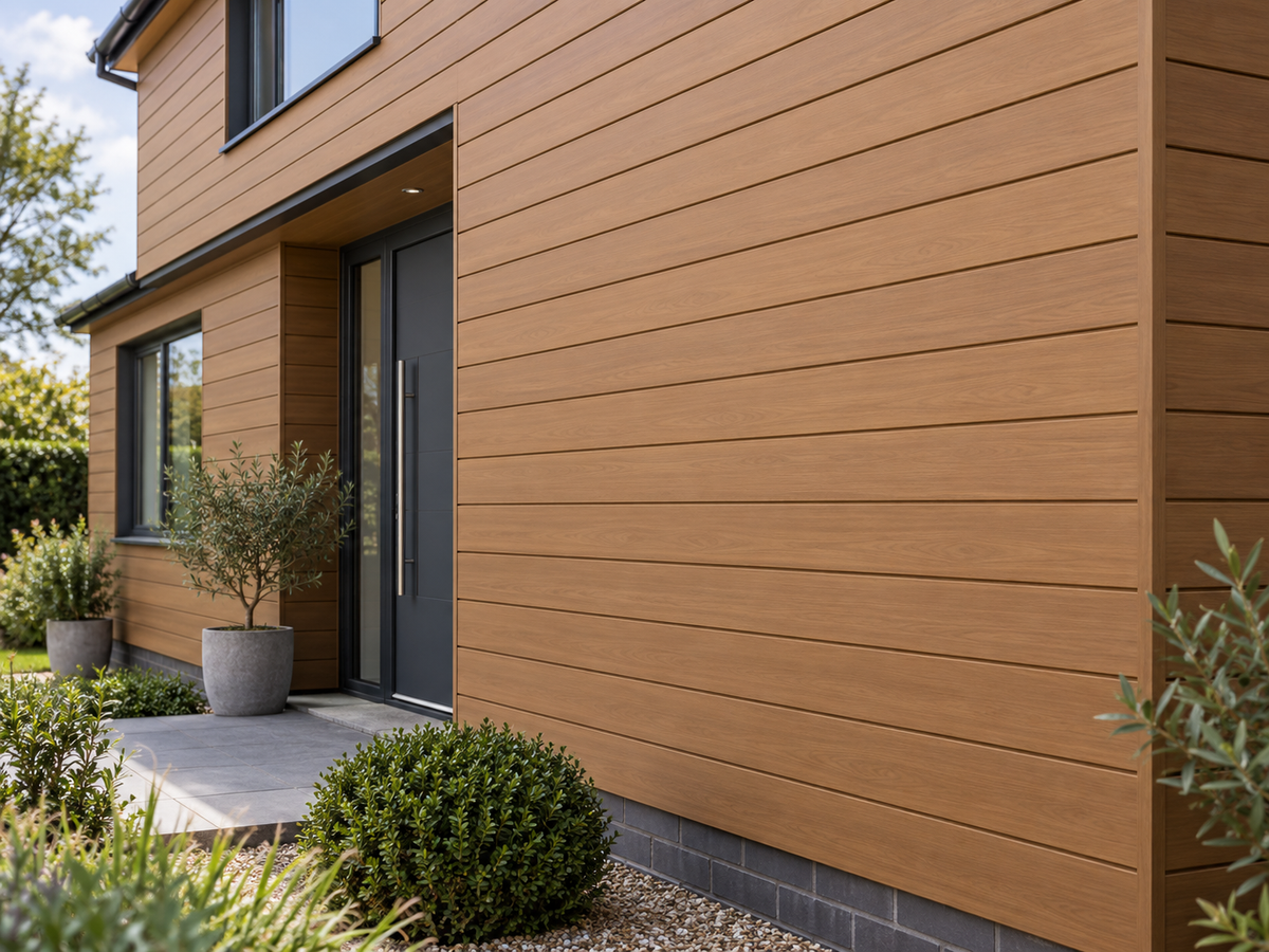 Illustrative finished Armour Cladding Cedar setting; colour and fascia detail indicative