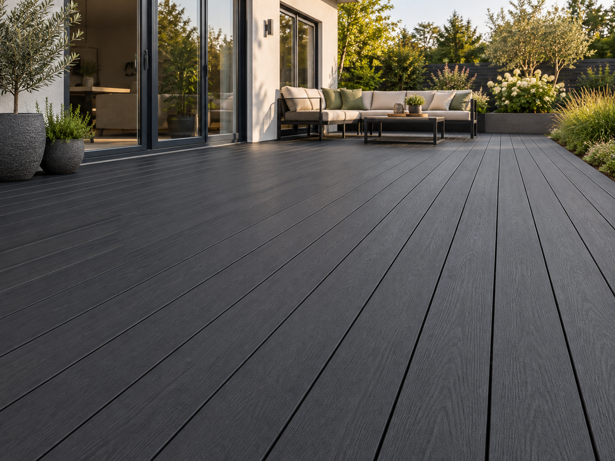 Illustrative visualisation of Evolved Black decking installed on a terrace; colour and layout indicative
