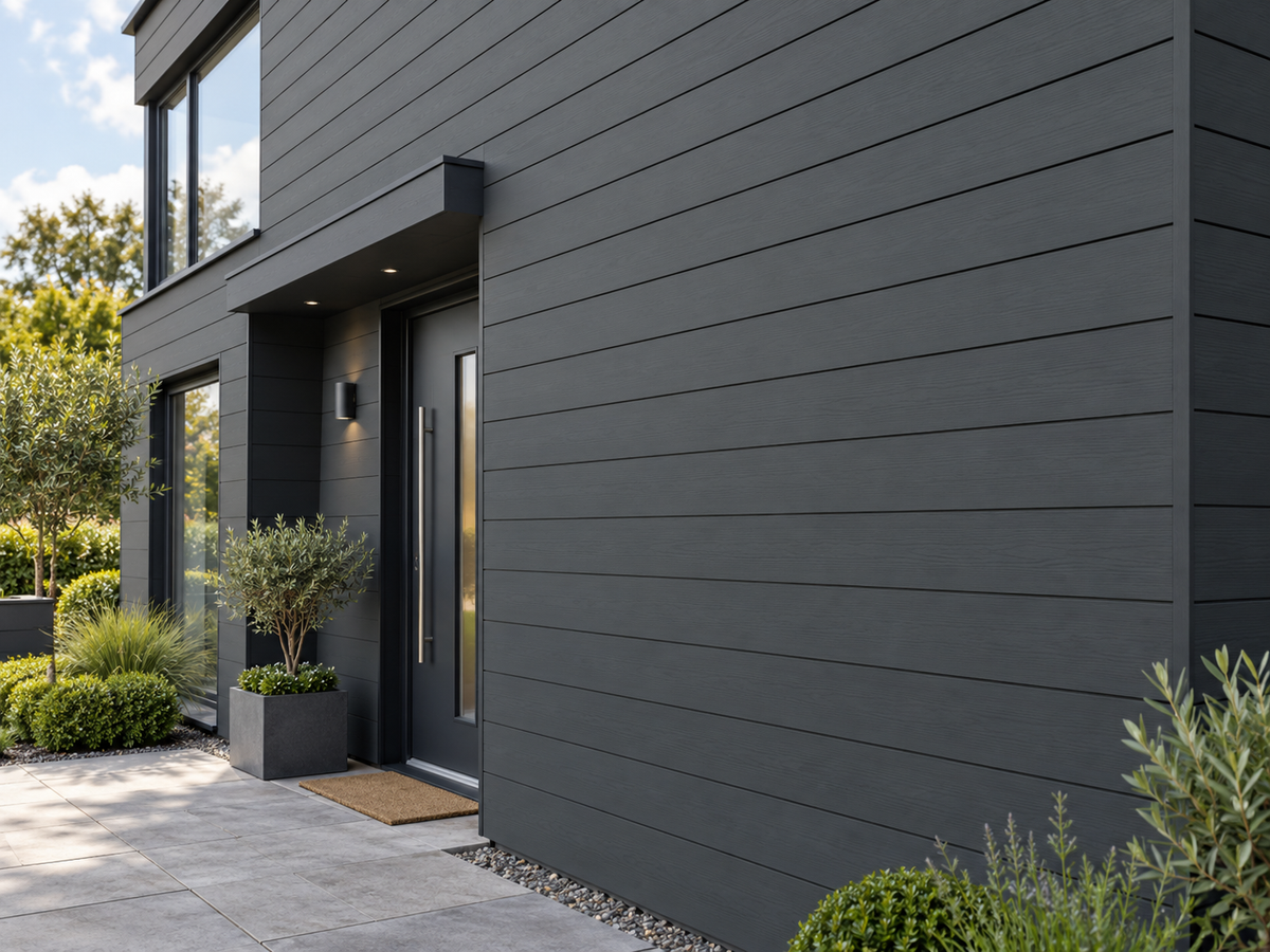 Illustrative finished Armour Cladding Charcoal setting; colour and fascia detail indicative