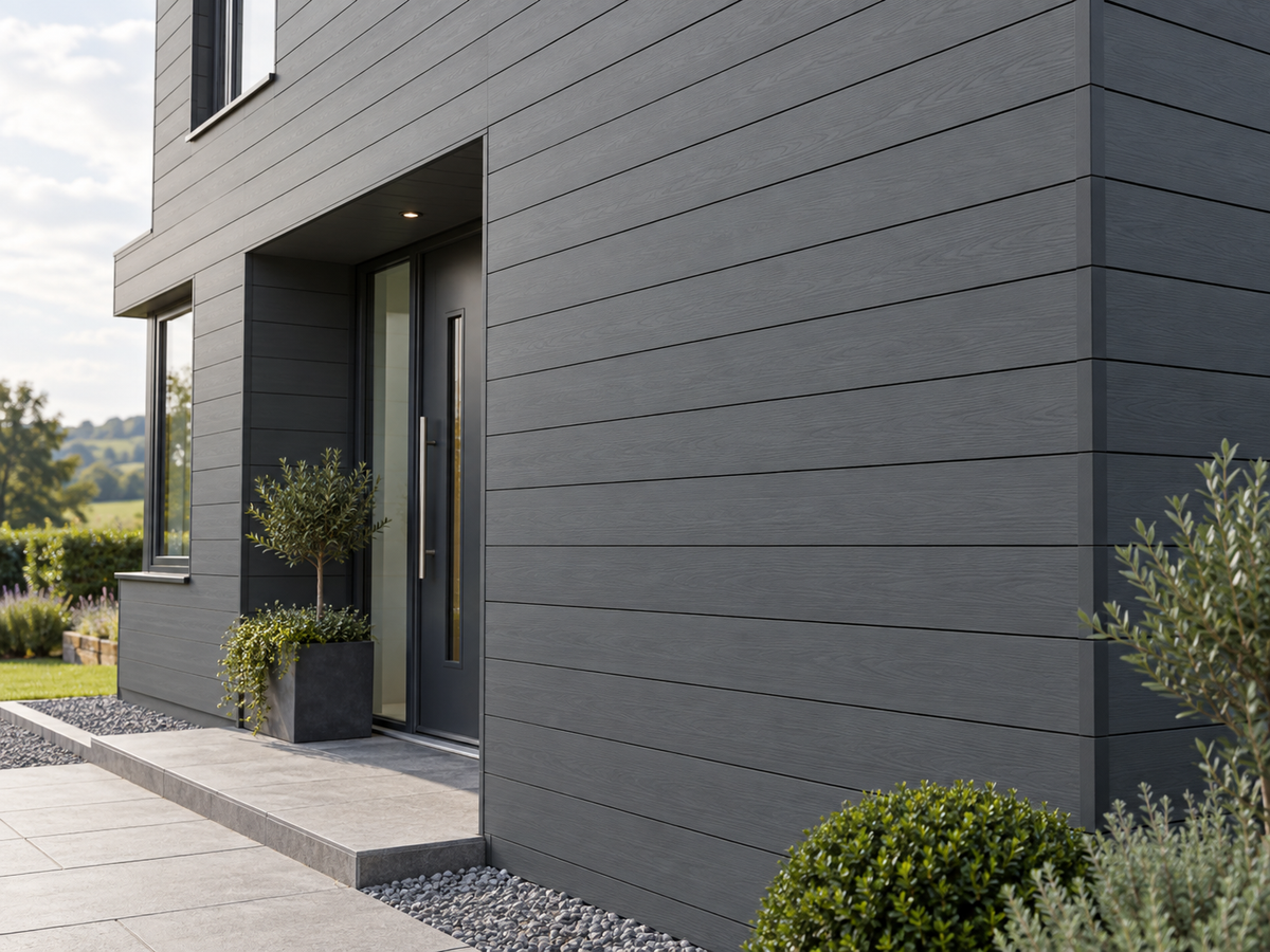 Illustrative finished Armour Cladding Dark Grey setting; colour and fascia detail indicative