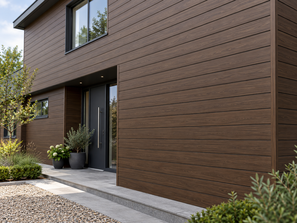 Illustrative finished Armour Cladding Walnut setting; colour and fascia detail indicative