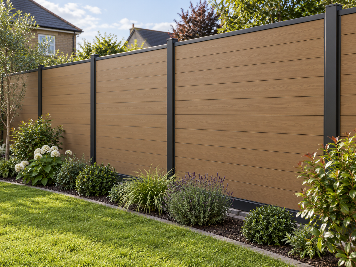 Illustrative finished Armour Fencing Cedar fence; colour and kit details indicative