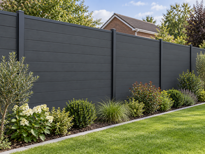 Illustrative finished Armour Fencing Charcoal fence; colour and kit details indicative
