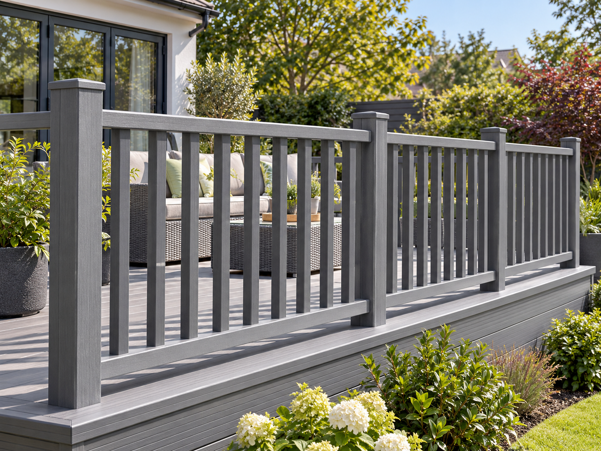 Illustrative finished Balustrade Slate Grey balustrade; installation details indicative
