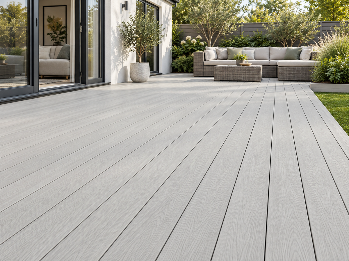 Illustrative finished Evolved Ash White setting; L Trim product photograph shows the actual item