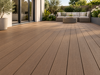 Illustrative visualisation of Evolved Brown decking installed on a terrace; colour and layout indicative