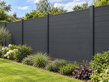 Illustrative completed Evolved Fencing Anthracite fence setting; individual components may be concealed or differ
