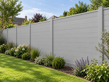 Illustrative completed Evolved Fencing Ash White fence setting; individual components may be concealed or differ