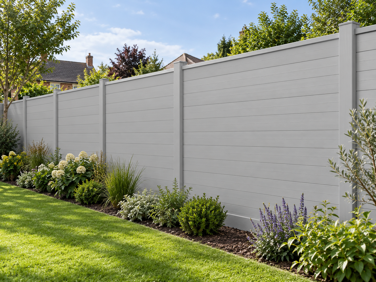 Illustrative completed Evolved Fencing Ash White fence setting; individual components may be concealed or differ