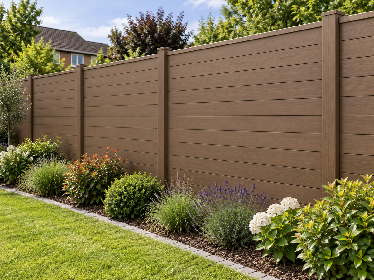 Illustrative completed Evolved Fencing Brown fence setting; individual components may be concealed or differ