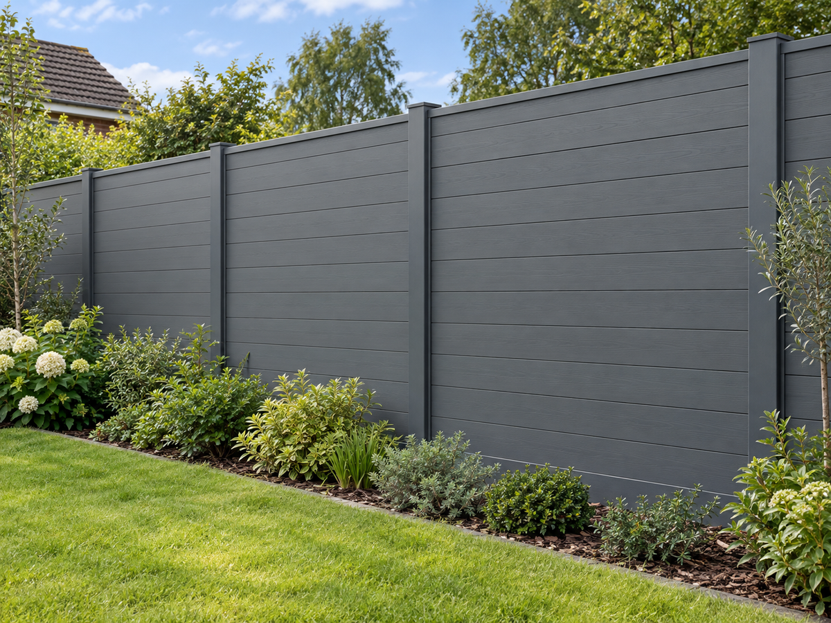Illustrative completed Evolved Fencing Slate Grey fence setting; individual components may be concealed or differ
