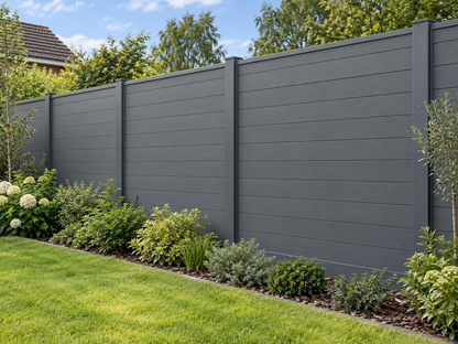 Illustrative completed Evolved Fencing Slate Grey fence setting; individual components may be concealed or differ