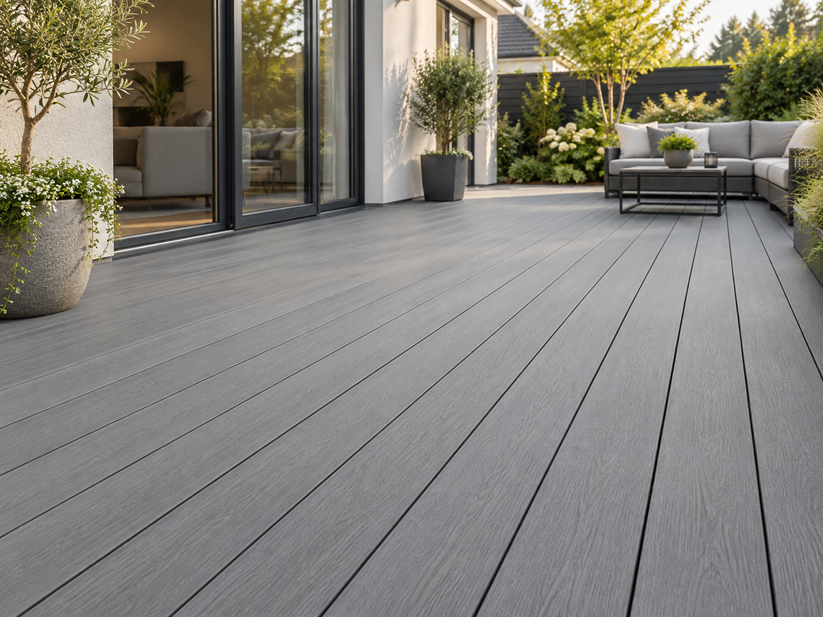 Illustrative finished Evolved Slate Grey setting; End Board product photograph shows the actual item