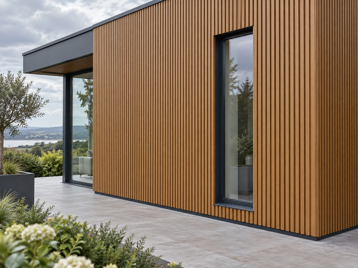 Illustrative finished Slatted SG Cedar cladding setting; colour and trim details indicative