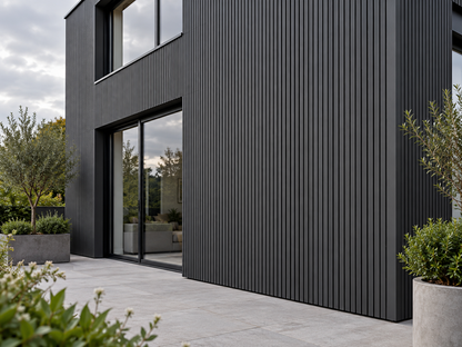 Illustrative finished Slatted SG Charcoal cladding setting; colour and trim details indicative