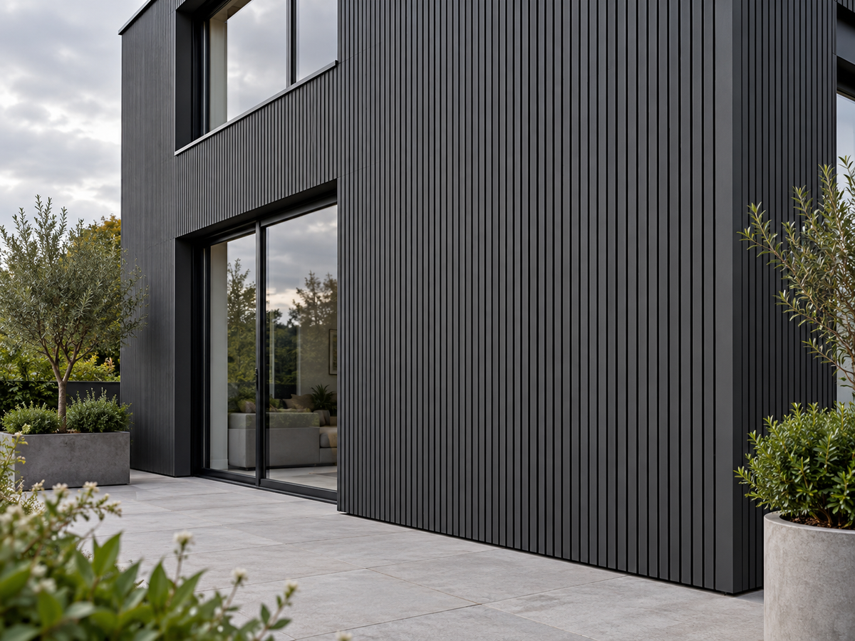 Illustrative finished Slatted SG Charcoal cladding setting; colour and trim details indicative