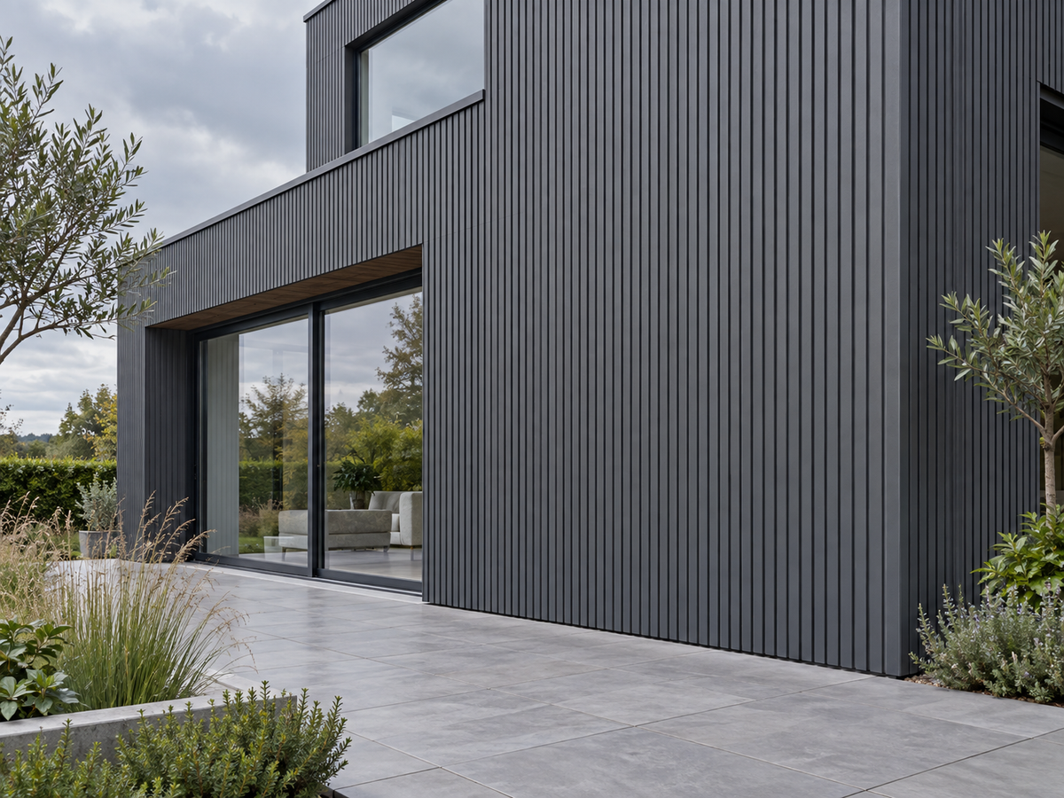 Illustrative finished Slatted SG Dark Grey cladding setting; colour and trim details indicative