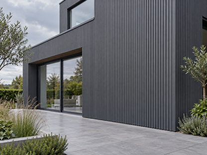 Illustrative finished Slatted SG Dark Grey cladding setting; colour and trim details indicative