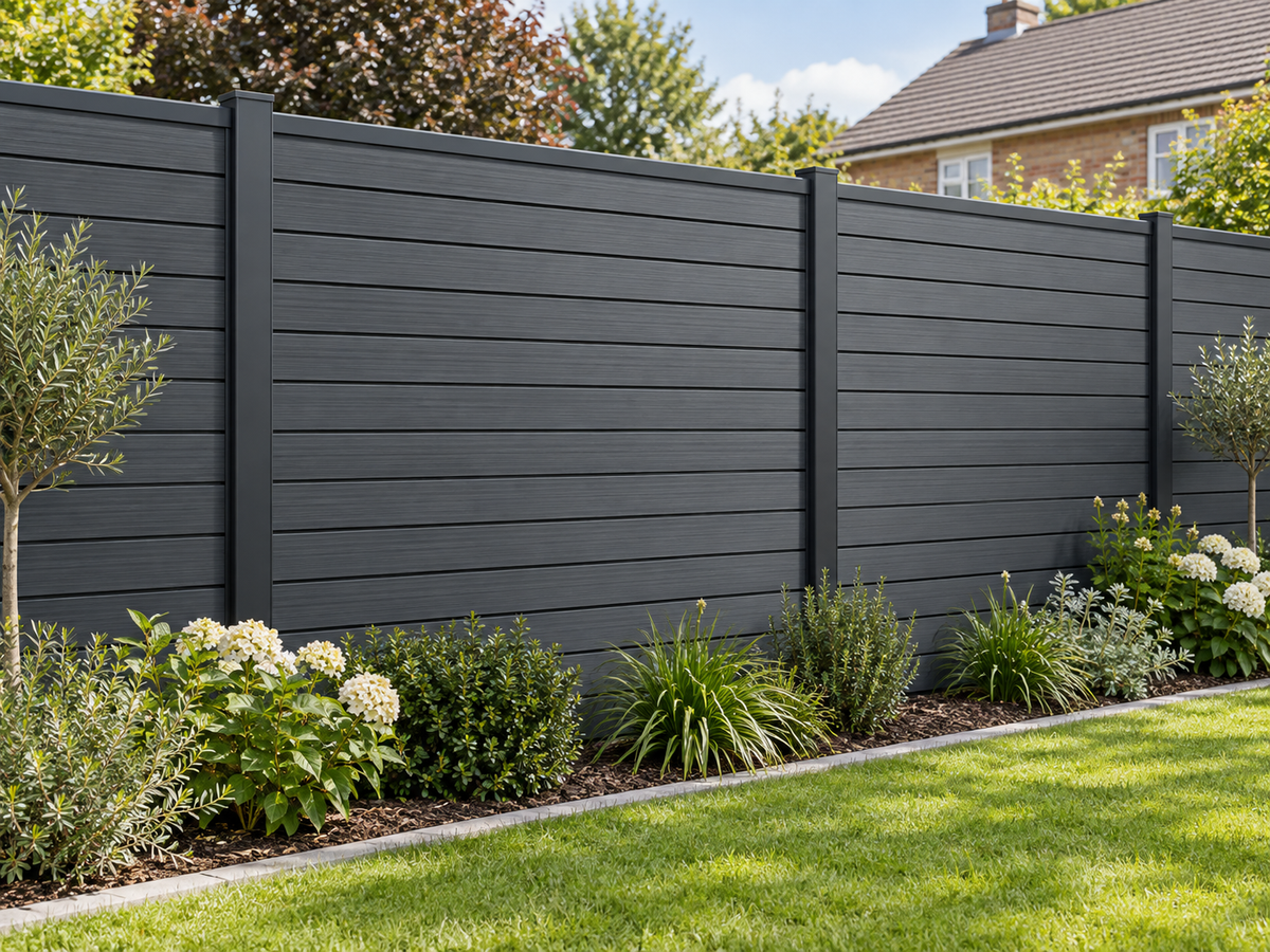Illustrative finished Slatted SG Fencing Charcoal fence; colour and kit details indicative