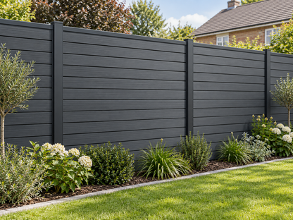 Illustrative finished Slatted SG Fencing Charcoal fence; colour and kit details indicative