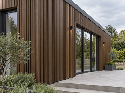 Illustrative finished Slatted SG Walnut cladding setting; colour and trim details indicative