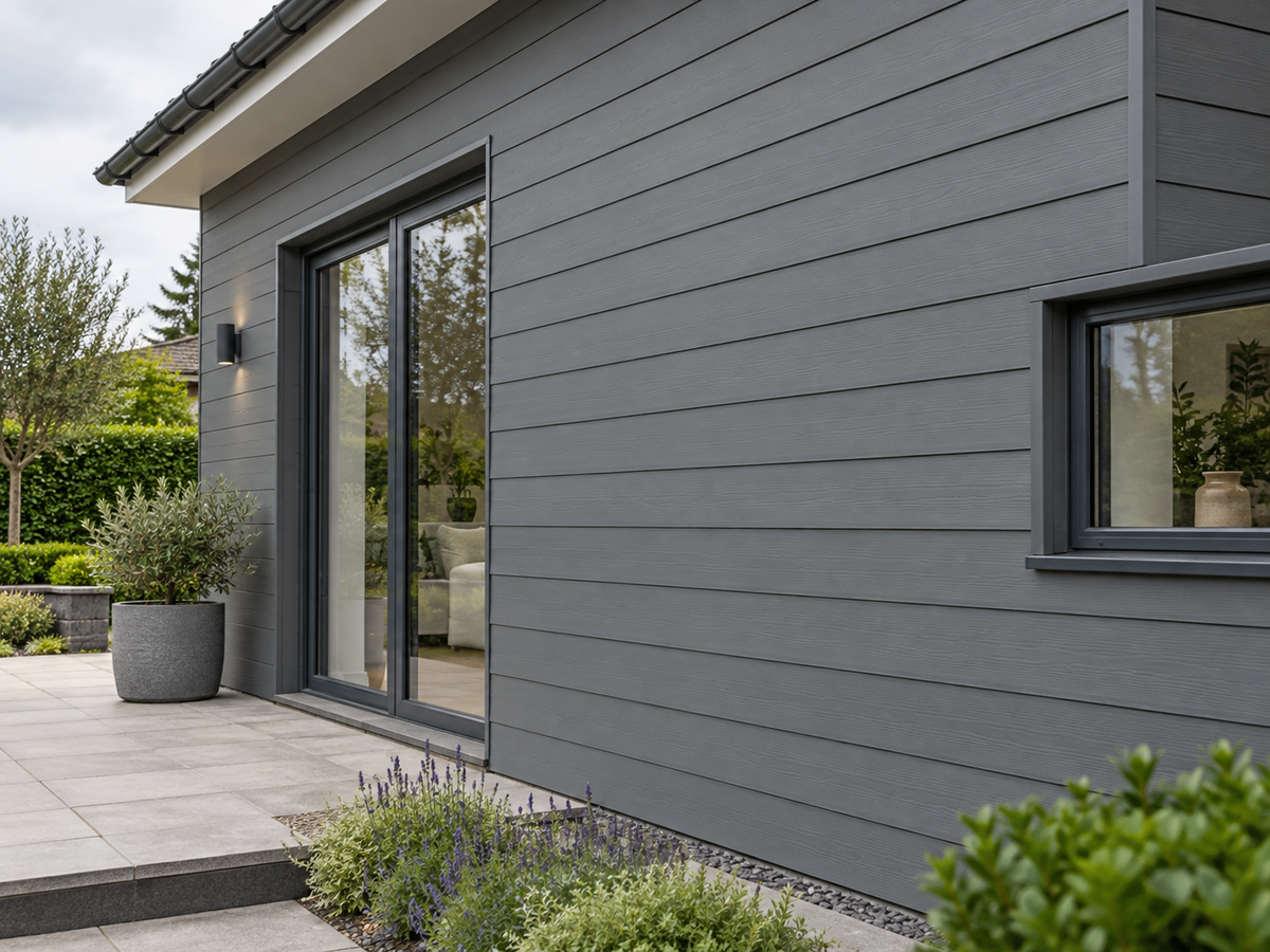 Illustrative finished Traditional 3C Slate Grey cladding setting; colour and trim details indicative