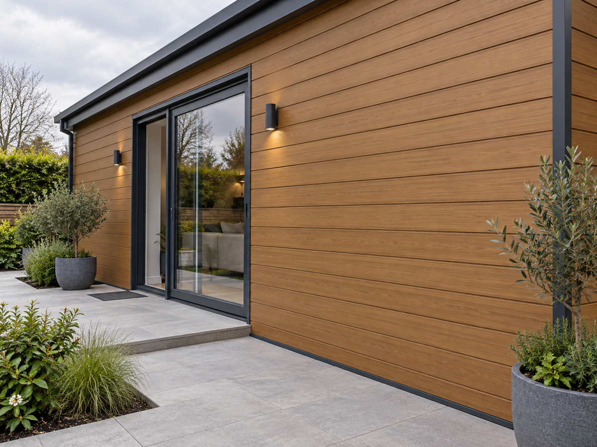 Illustrative finished Traditional 3C Teak cladding setting; colour and trim details indicative