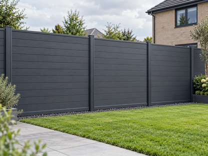 Illustrative finished fence setting with Alu Fence Anthracite; individual component specifications may differ