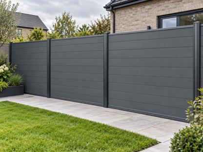 Illustrative finished fence setting with Alu Fence Slate Grey; individual component specifications may differ