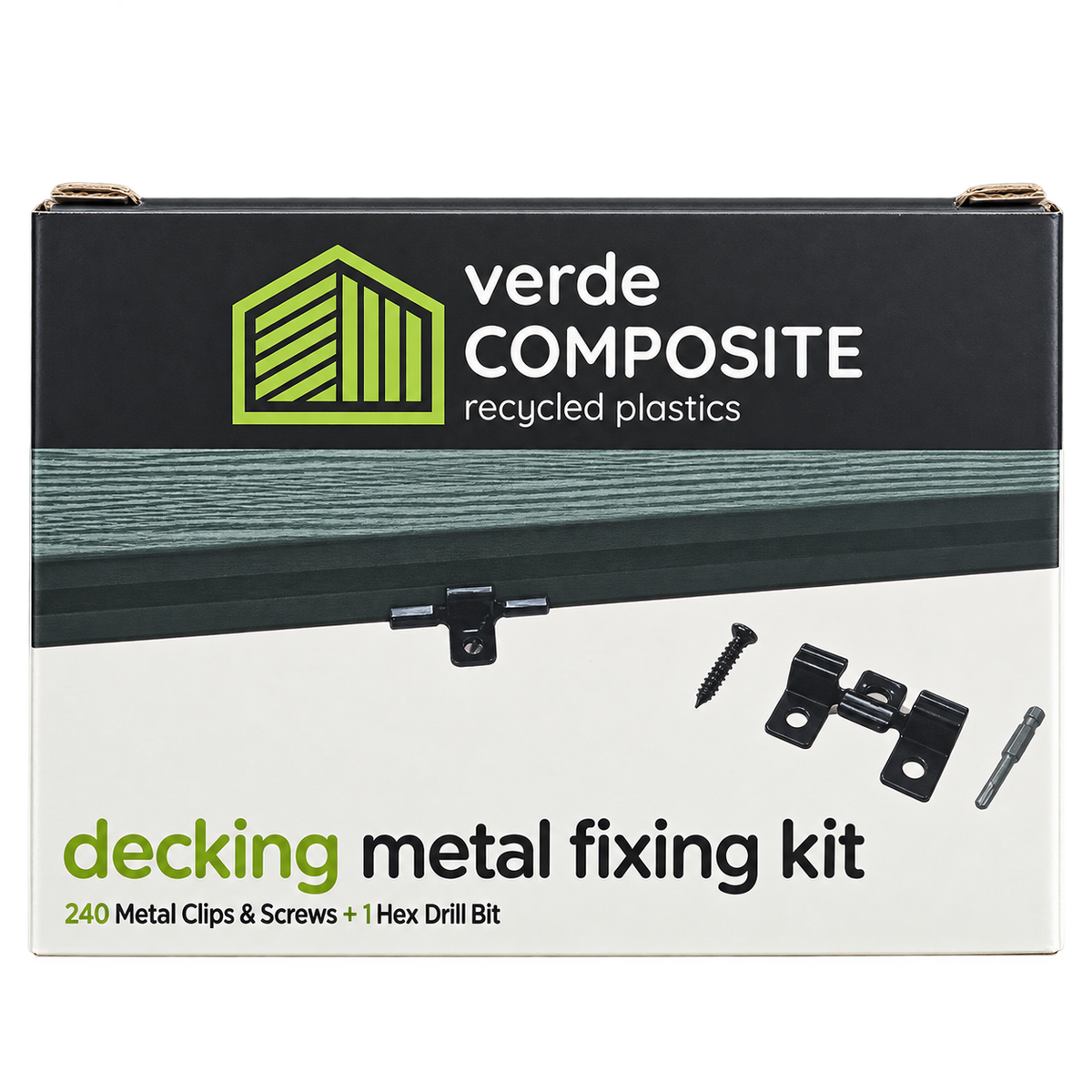 Verde decking metal fixing kit: cleaned package photograph with transparent background
