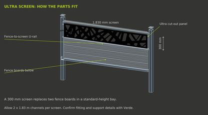 Illustrative screen fitting detail from the Verde brochure. Main product photograph shows the selected colour and supplied item.