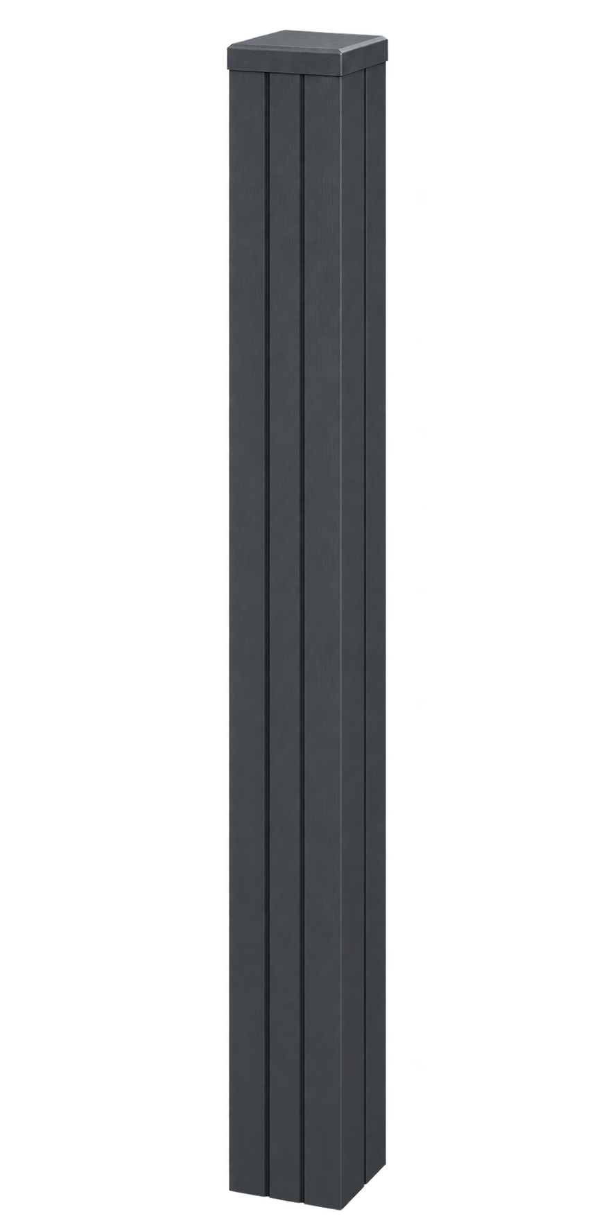 Illustrative Evolved anthracite composite end post assembled with matching cap and infills, based on the actual product photographs