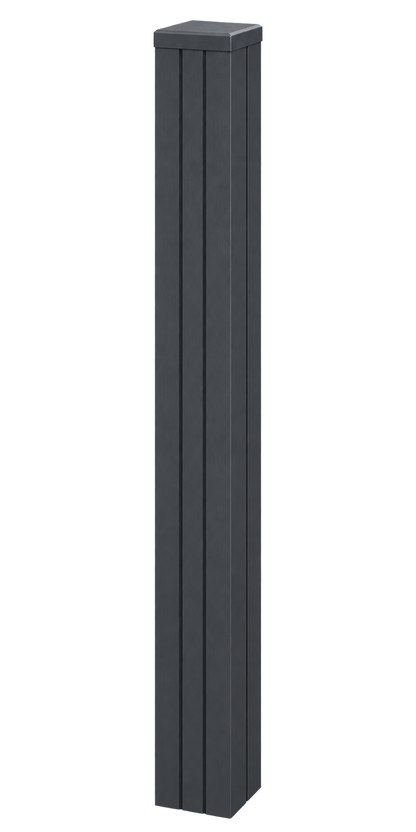 Illustrative Evolved anthracite composite end post assembled with matching cap and infills, based on the actual product photographs