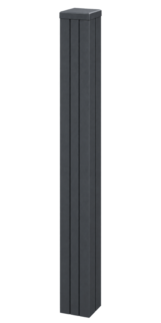 Illustrative Evolved anthracite composite end post assembled with matching cap and infills, based on the actual product photographs