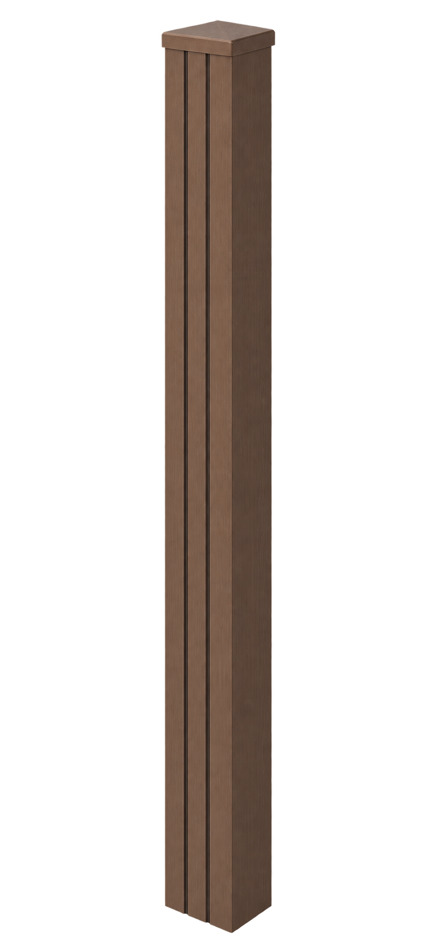 Illustrative Evolved brown composite end post assembled with matching cap and infills, based on the actual product photographs