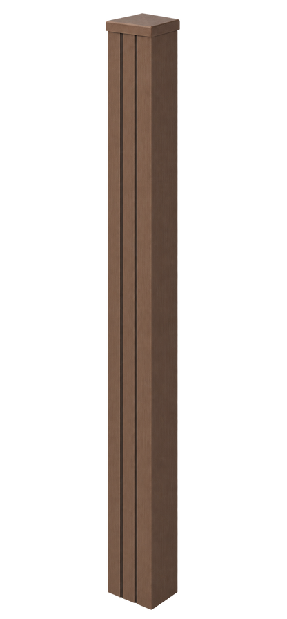 Illustrative Evolved brown composite end post assembled with matching cap and infills, based on the actual product photographs