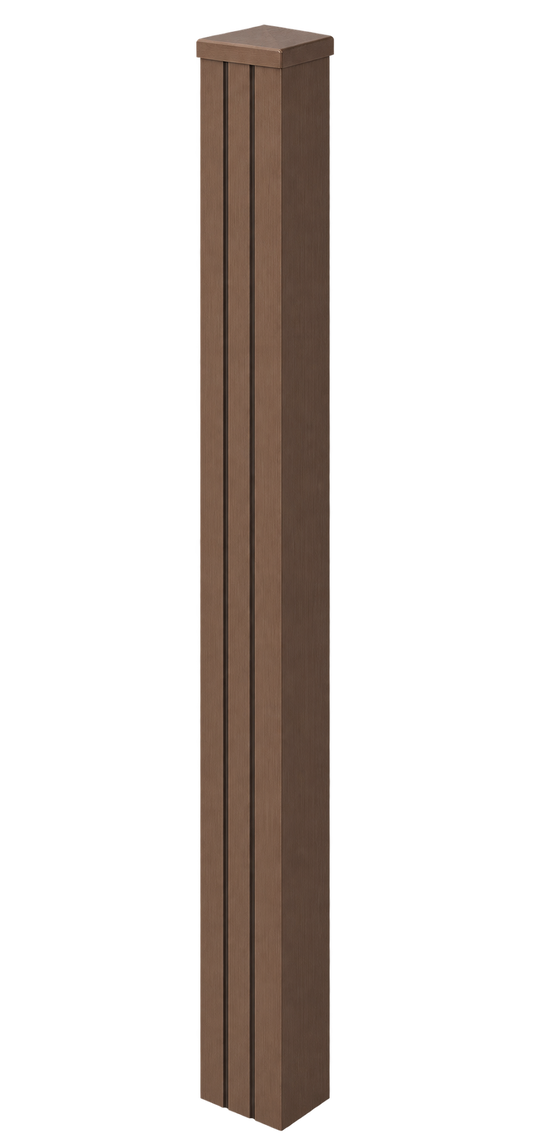 Illustrative Evolved brown composite end post assembled with matching cap and infills, based on the actual product photographs