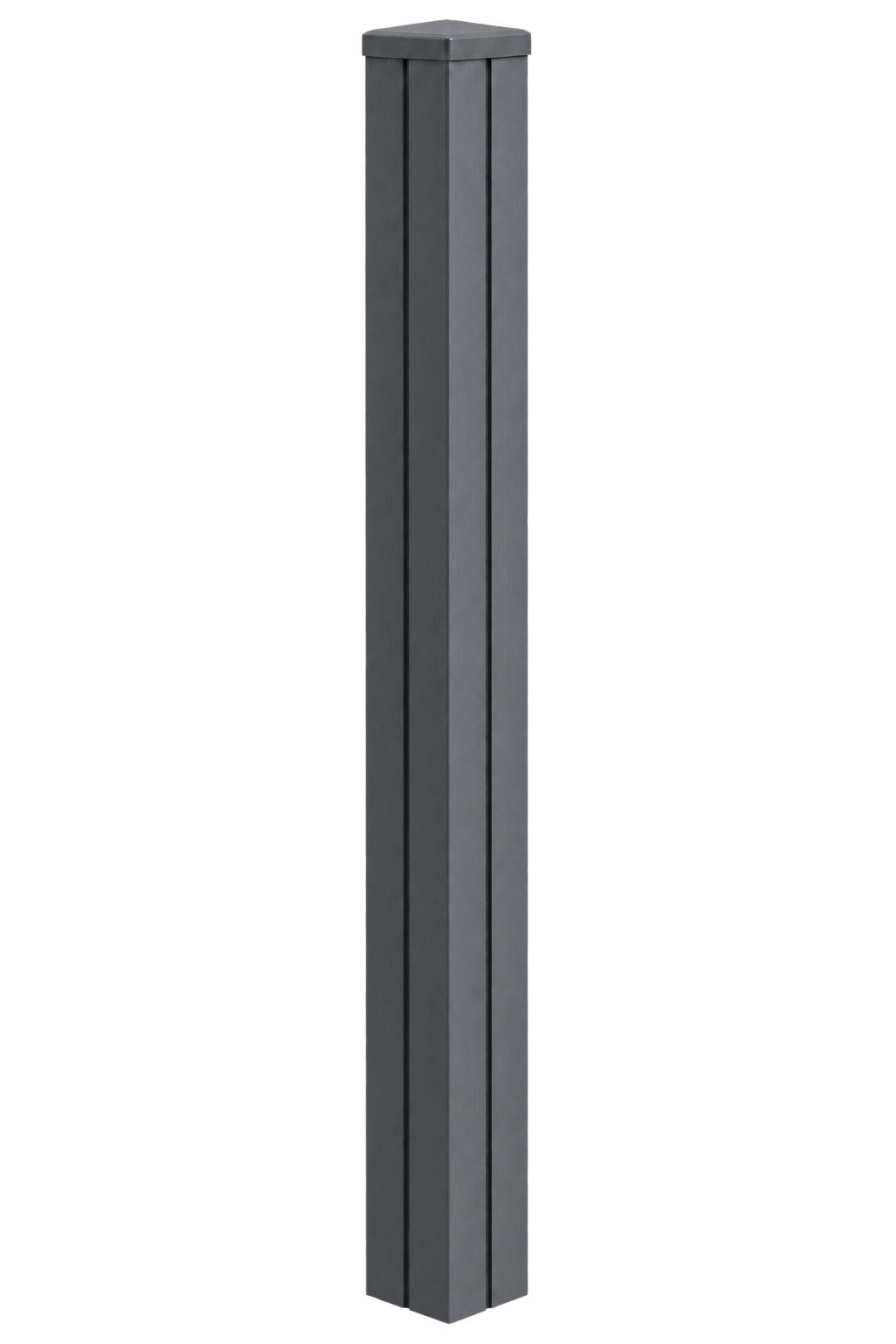 Illustrative Evolved slategrey composite end post assembled with matching cap and infills, based on the actual product photographs