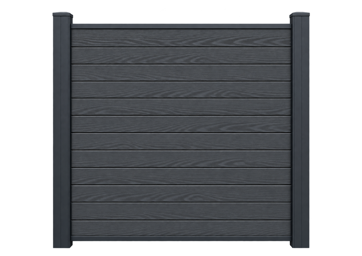 Illustrative complete Evolved Anthracite fence panel with matching composite posts; end post sold separately