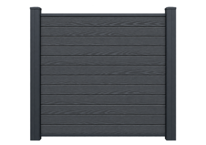 Illustrative complete Evolved Anthracite fence panel with matching composite posts; end post sold separately