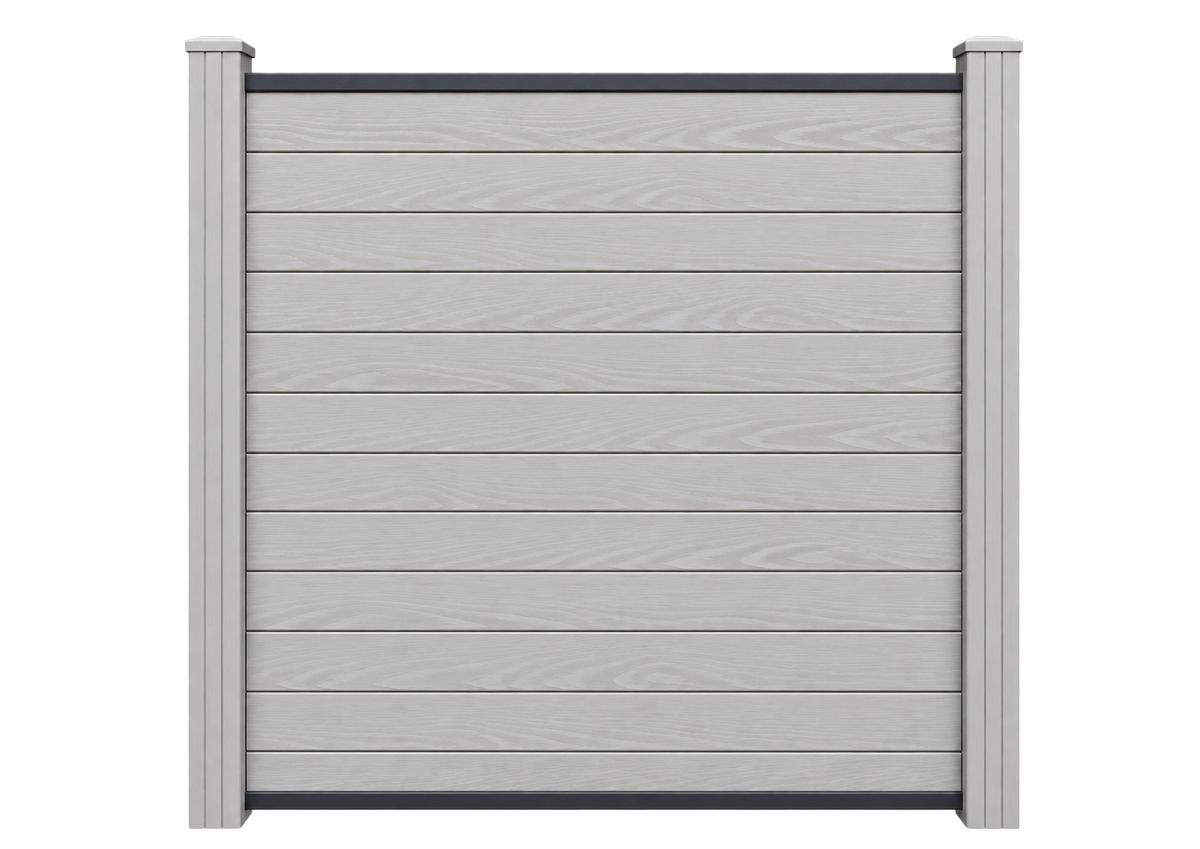 Illustrative complete Evolved Ash White fence panel with matching composite posts; end post sold separately