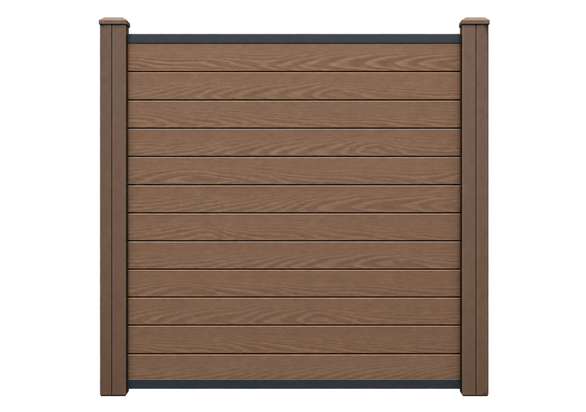 Illustrative complete Evolved Brown fence panel with matching composite posts; end post sold separately