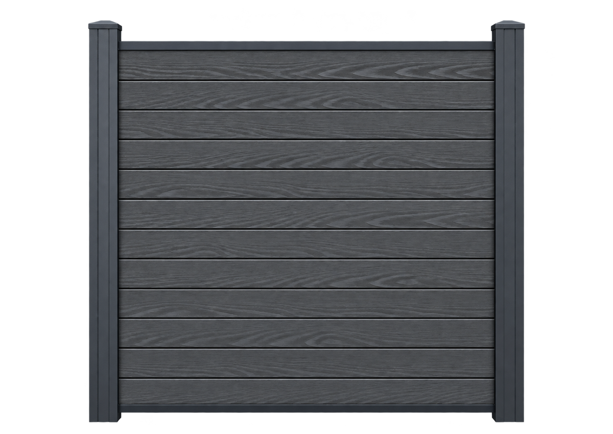Illustrative complete Evolved Slate Grey fence panel with matching composite posts; end post sold separately