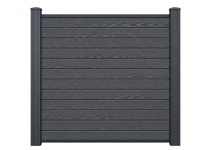 Illustrative complete Evolved Slate Grey fence panel with matching composite posts; end post sold separately