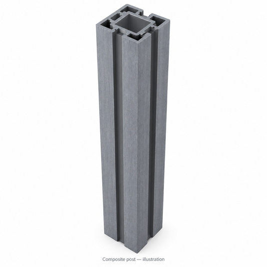 Slate Grey composite post illustration based on the actual textured material and profile. Cap and inserts not shown; not to scale.