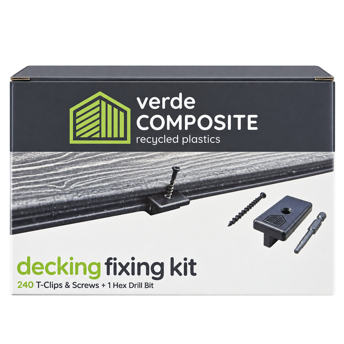 Real Verde Evolved decking fixing kit box: 240 T-clips and screws plus one hex drill bit