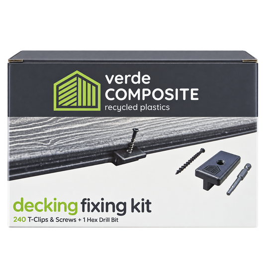 Real Verde Evolved decking fixing kit box: 240 T-clips and screws plus one hex drill bit