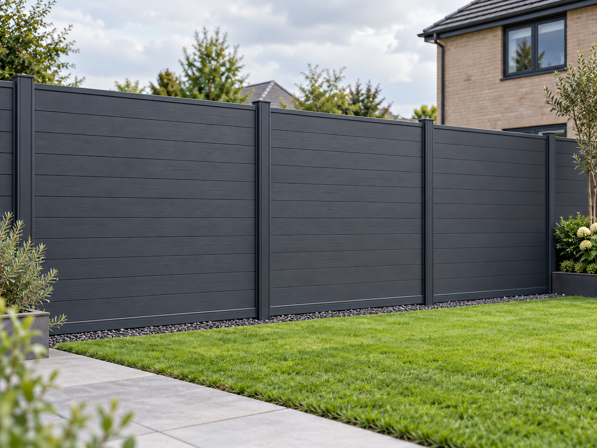 Illustrative Evolved anthracite fence installation with solid dark post faces; inaccurate silver stripes removed