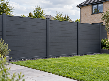 Illustrative Evolved anthracite fence installation with solid dark post faces; inaccurate silver stripes removed