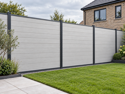 Illustrative Evolved ashwhite fence installation with solid dark post faces; inaccurate silver stripes removed